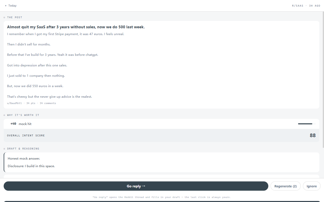 Post detail: the original post, the itemized score breakdown, the draft with its reasoning and risk note, and the go-reply action